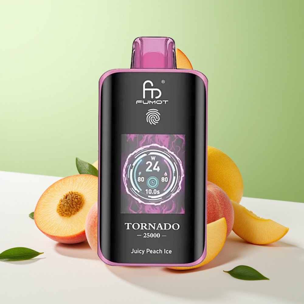 Fumot Tornado 25000 نفخة شيشة إلكترونية خوخ مثلج بشاشة عالية الدقة وبطارية قابلة لإعادة الشحن