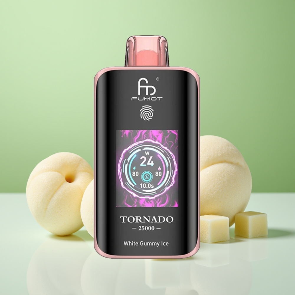 Fumot Tornado 25000 نفخة شيشة إلكترونية نكهة غومي أبيض مثلج مع شاشة عالية الدقة وبطارية قابلة لإعادة الشحن