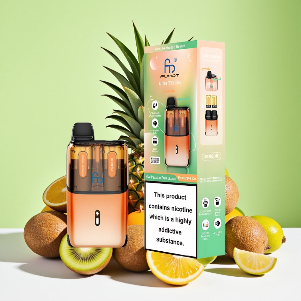 Fumot Ultra T32000 Vape القابلة للاستعمال مرة واحدة بنكهة الكيوي والماراكويا والجوافة - أناناس مثلج مع شحن سريع Type-C