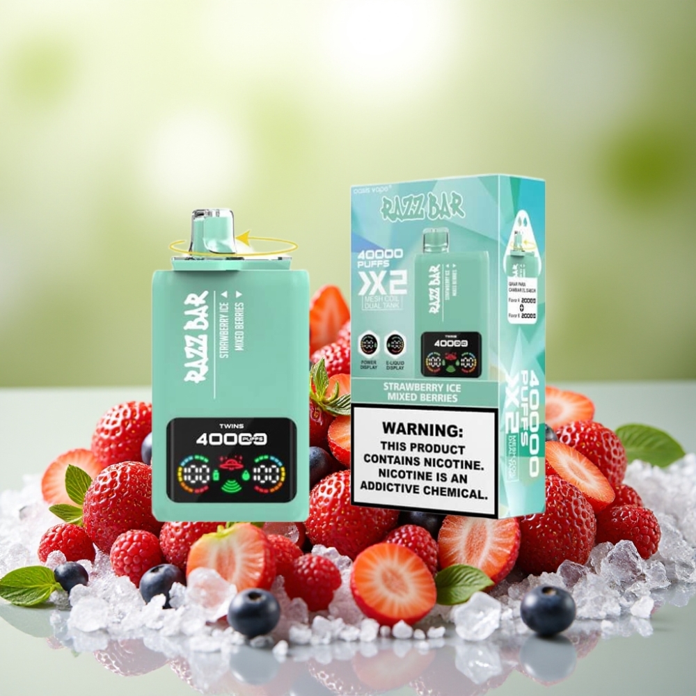 Razz Bar 40000 نفخة فيب صالح للاستعمال مرة واحدة فراولة مثلجة وتوت مشكل مع شاشة عرض وملف شبكي 1.0Ω×2