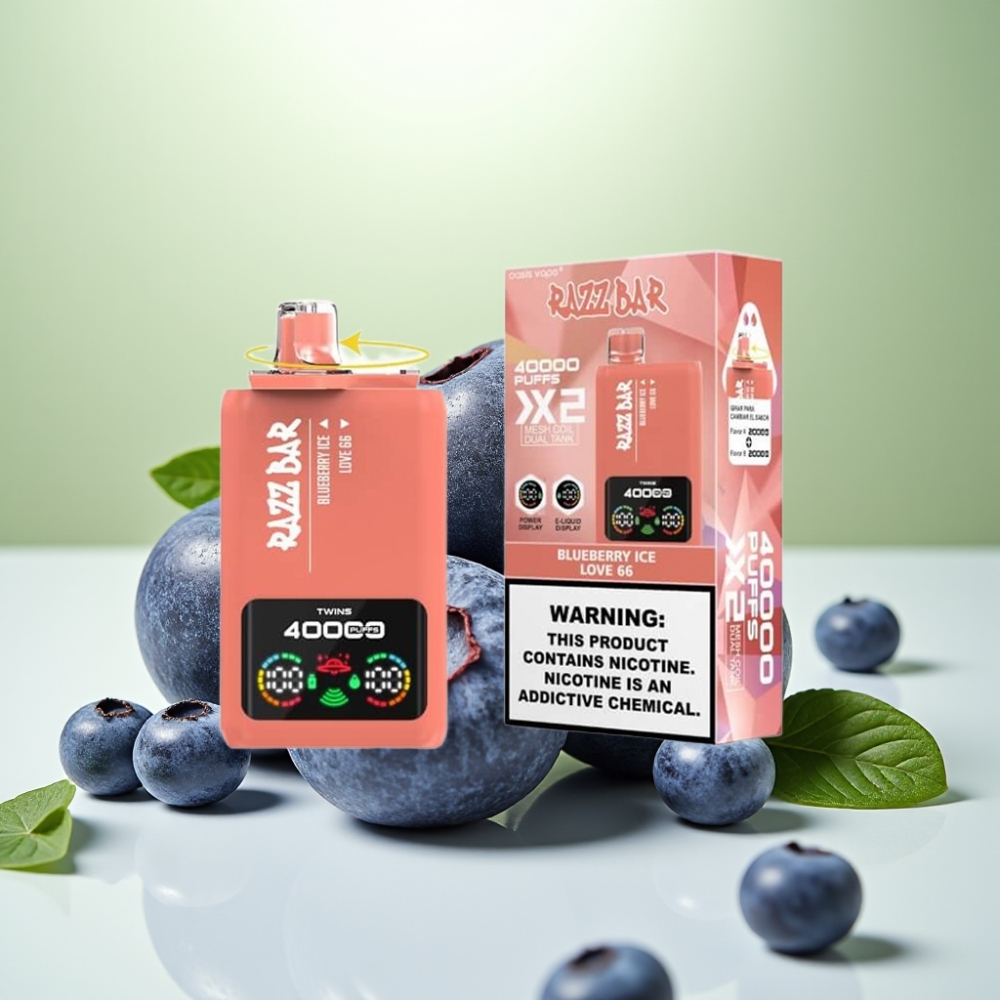 Razz Bar 40000 نفخة جهاز تبخير قابل للتخلص منه توت أزرق جليدي & حب 66 شاشة عرض طاقة