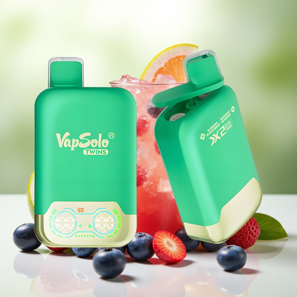 Vapsolo Twins 20000 Puffs تبخير قابل للتخلص منه توت أزرق وكشمش وعصير جريب فرو